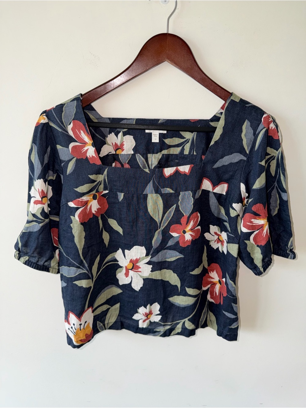 Garnet Hill Linen Square-Neck Top relaxed fit puffed short sleeves 100% Linen